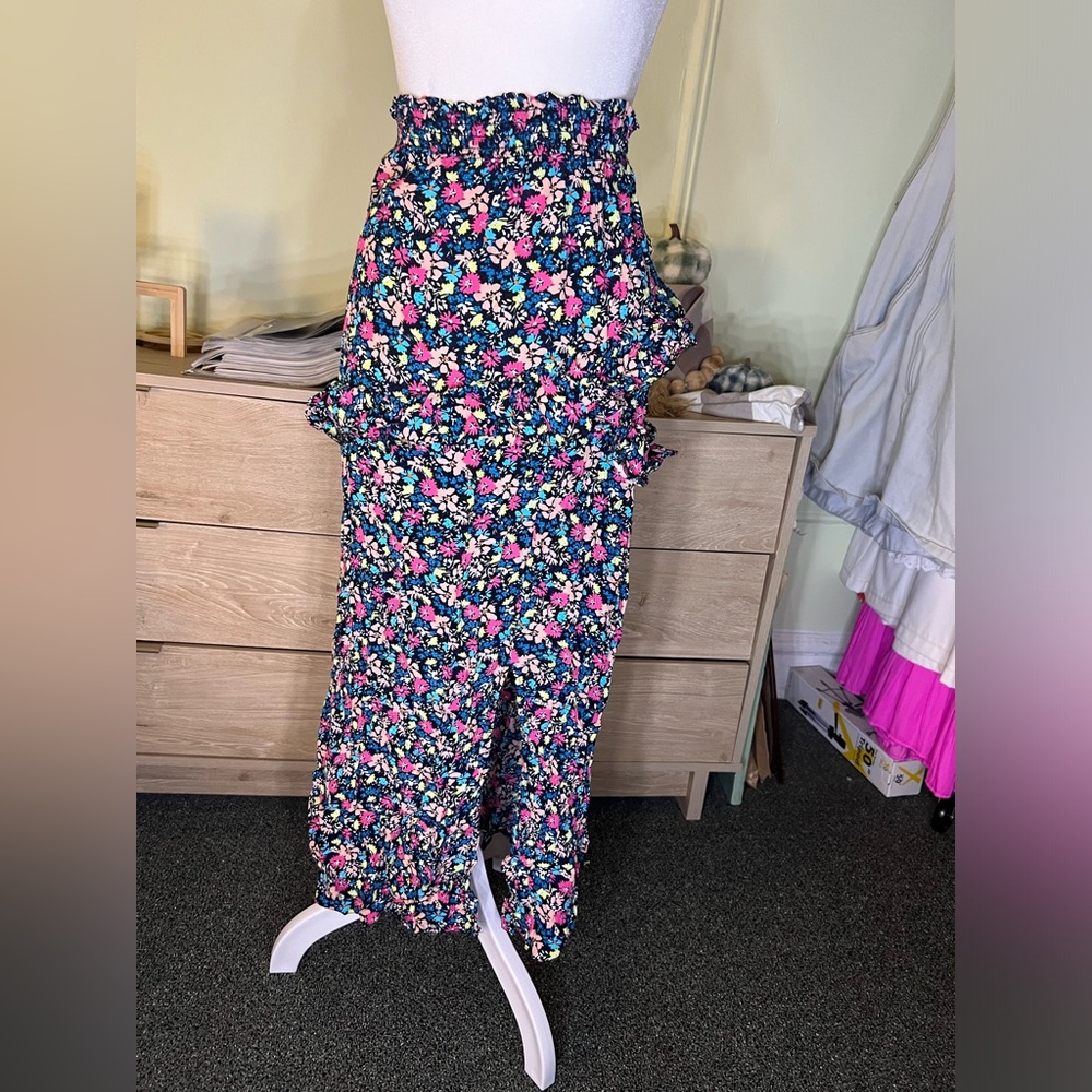 RIVER ISLAND Ditsy Floral Pattern Ruffle Tiered Midi Maxi Stretch Skirt Slit S